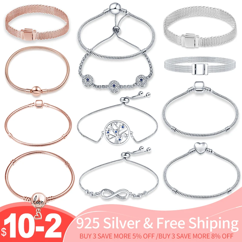 Pandora 925 Sterling Silver Original Genuine Certified Rose Gold Luxury Charm Beads Bracciale Snake Chain For Women Jewelry Flat Bracelet