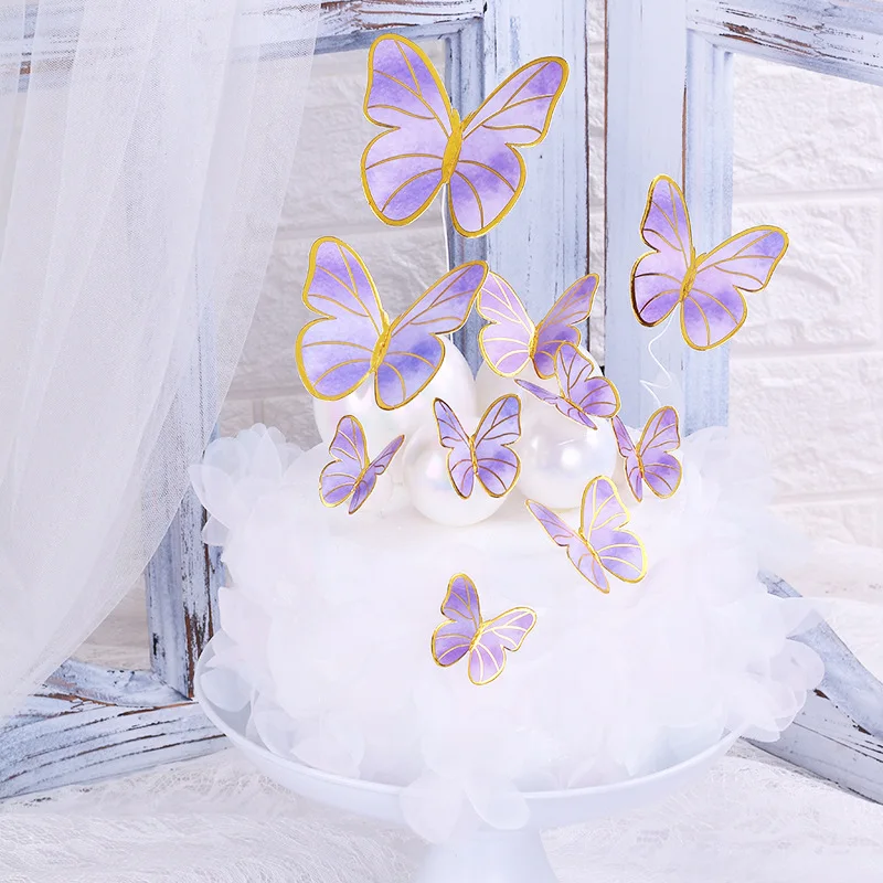 Ins 10Pcs Rainbow Butterfly Birthday Paper Cake Topper Pink Valentine'S Day Cake Toppers For Baby Birthday Party Cake Decoration