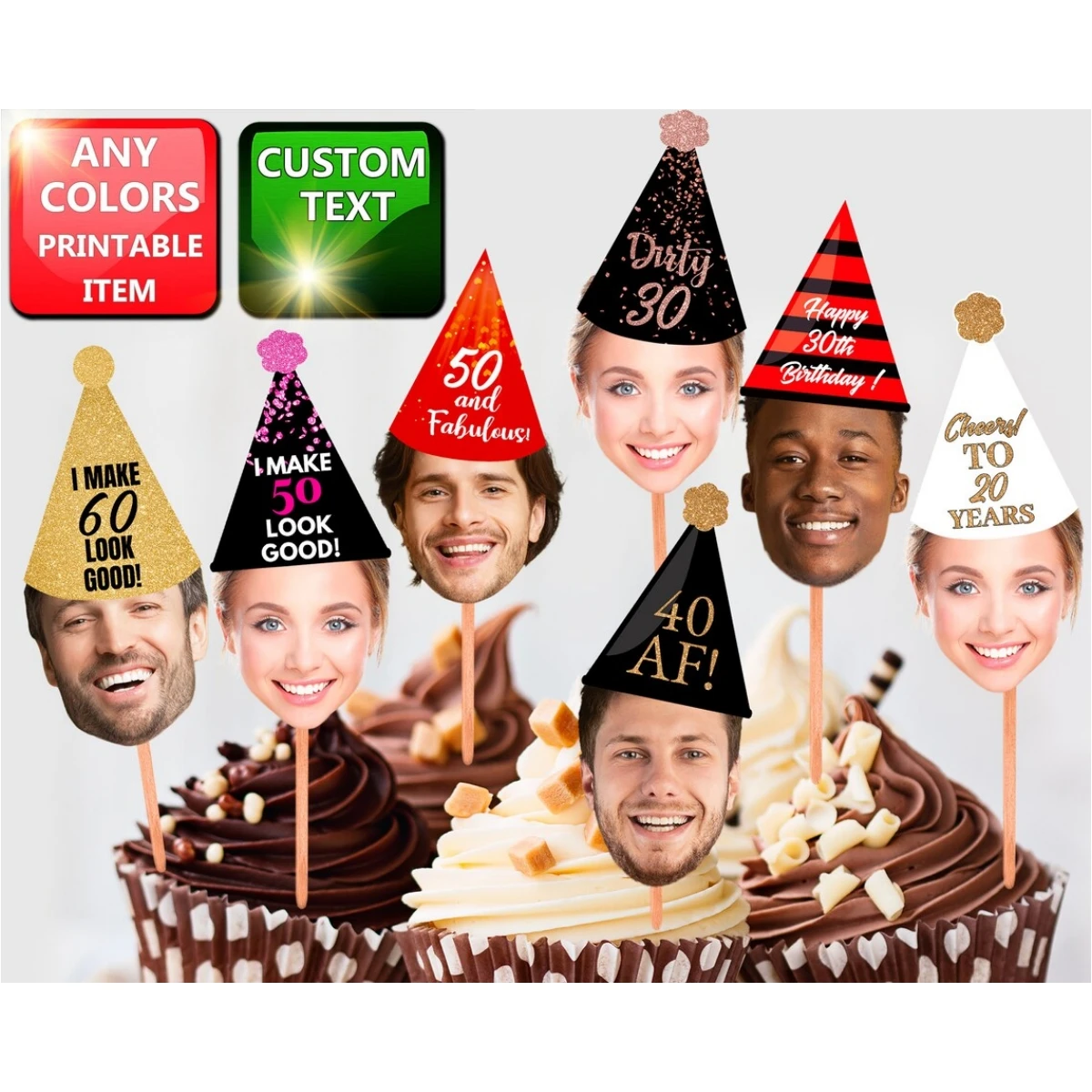 Cupcake Toppers Face Photo(30Th, 40Th, 50Th, 60Th, 75Th) File Digitale Birthday Decor 30Th Birthday For Decorations, Cupcake Topp