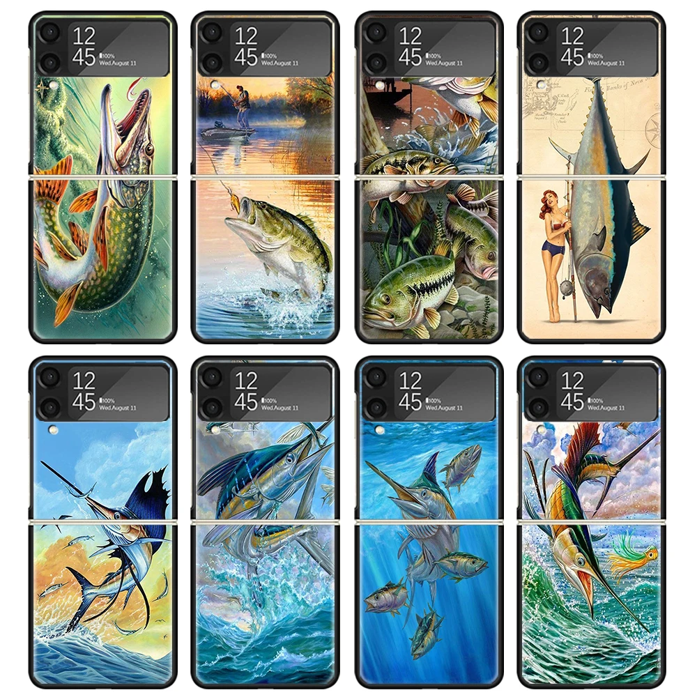 Offshore Angling Fishing Fish Rod Case Per Samsung Galaxy Z Flip 4 5 3 Z Flip5 Flip4 5G Hard Phone Cover Flip3 Split Pieghevole Bla