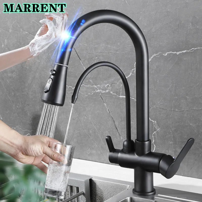 Rubinetti Da Cucina Con Filtro A Sfioramento A 3 Vie Con Spruzzatore A Scomparsa Rubinetto Per Acqua Fredda Calda Sensore Nero Opaco Estrarre Rubinett