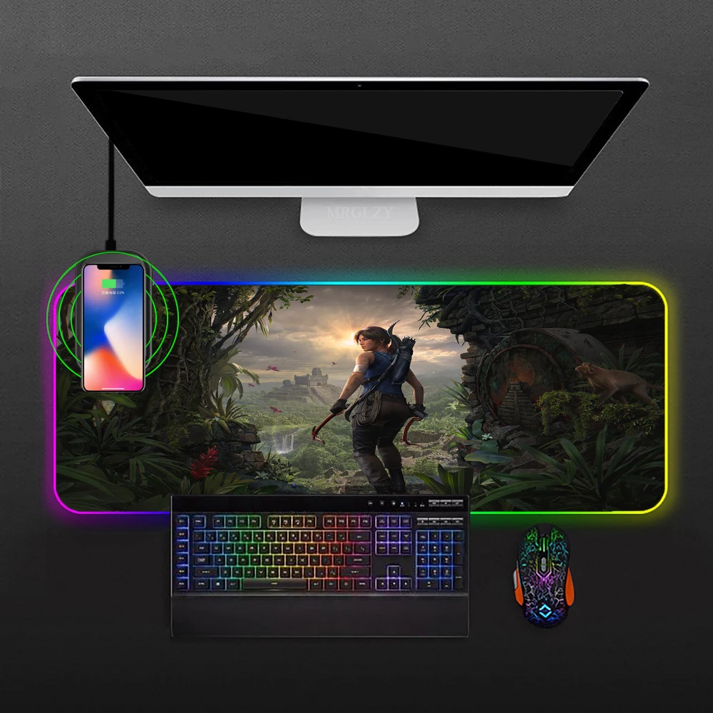 Rgb Wireless Charging Mousepad Tomb Raider Lara Croft Pc Accessories Mouse Mats Desk Mat Carpet Gamer Anime Keyboards Gaming