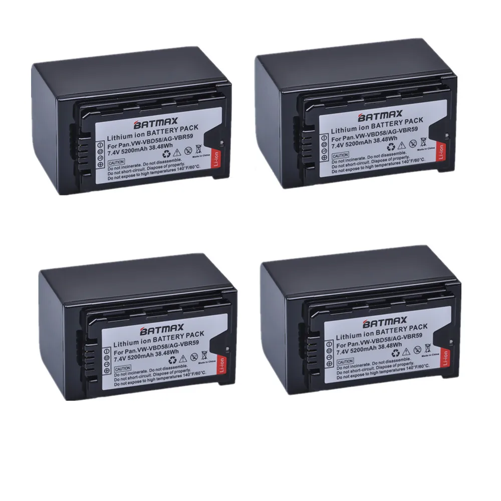 Batmax 4Pcs 5200Mah Vw-Vbd58 Vbd58 Batteria Per Panasonic Vbd78 Vbd29 Vbd55,Aj-Hpx260Mc,Hpx265Mc,Px270,Px280Mc,Px285Mc,Hc-X2000