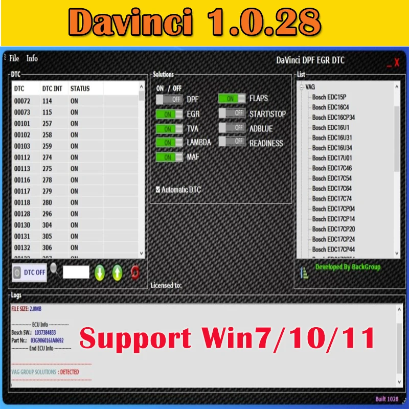 Il Nuovo Software Davinci 1.0.28 Funziona Con Kess/Ktag/Altro Strumento Programmatore Ecu Chiptuning Remapping Remap Davinci V1.0.28 Attiva