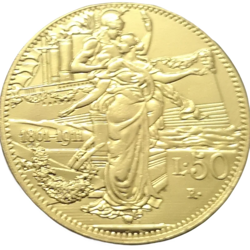 1911 Italia 50 Lire-Vittorio Emanuele Iii-Unito Anniversario Oro Copia Coin