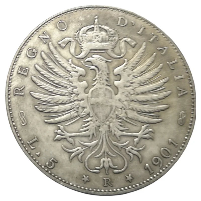 1901 Italia 5 Lire-Vittorio Emanuele Iii Argento Placcato Copia Moneta