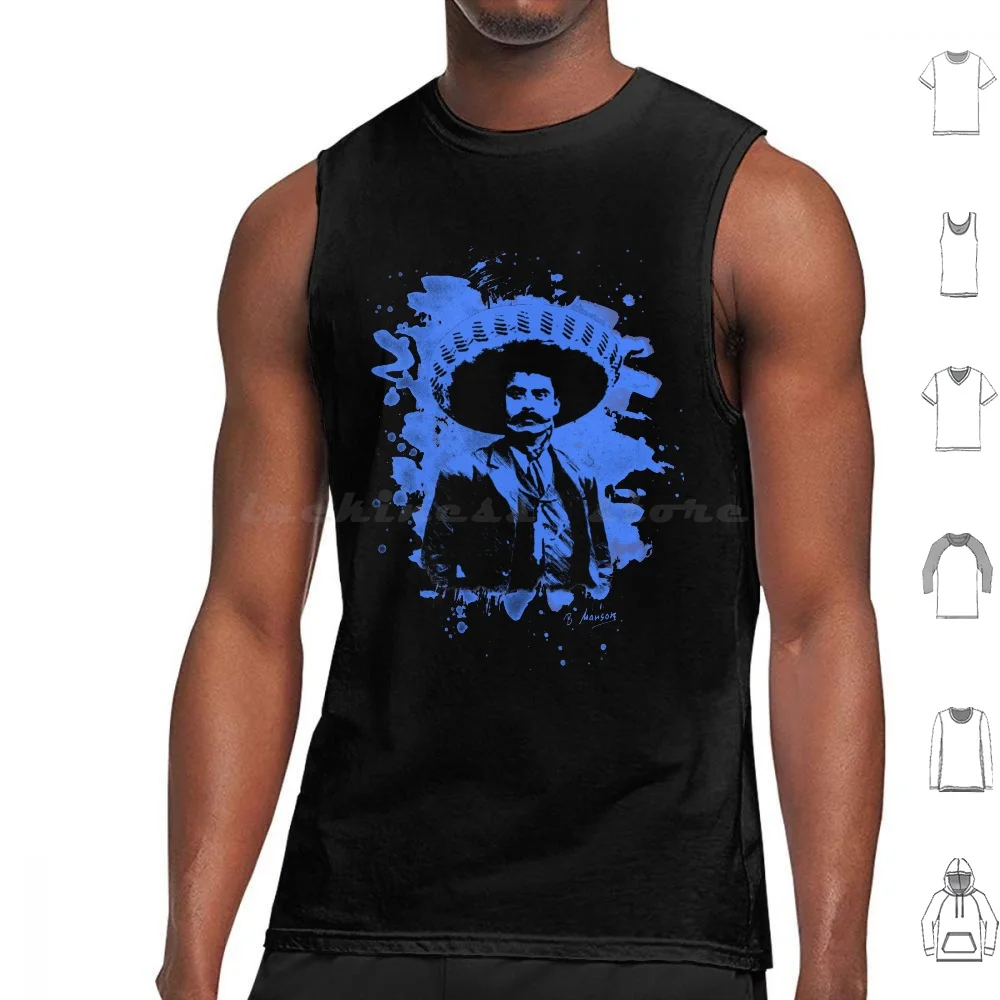 Emiliano Zapata-Canotte Blu Sbiancate Stampa Cotone Emiliano Zapata Revolution Messico Mexiko Morelos