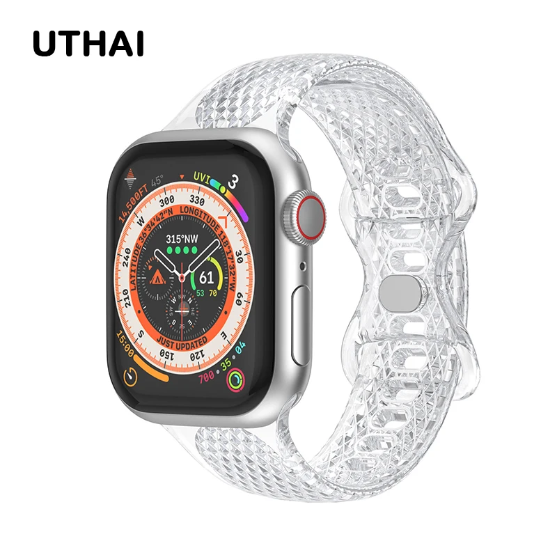 Cinturino In Gomma Uthai Adatto Per Cinturino Apple 6Th, 7Th, 8Th Generation Se Cinturino Smart Watch Con Motivo A Diamante Trasparente M55