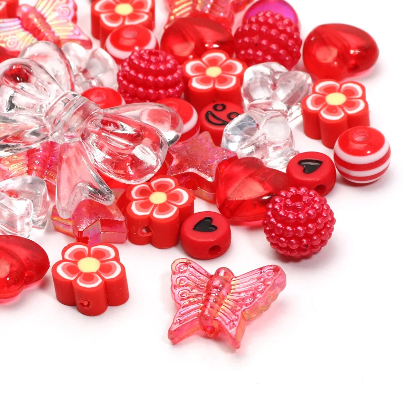 Red Series Casual 20G Flower Clay Beads Smile Butterfly Heart Star Round Balls Perline Acriliche Per Gioielli Che Fanno Accessori Fai Da Te