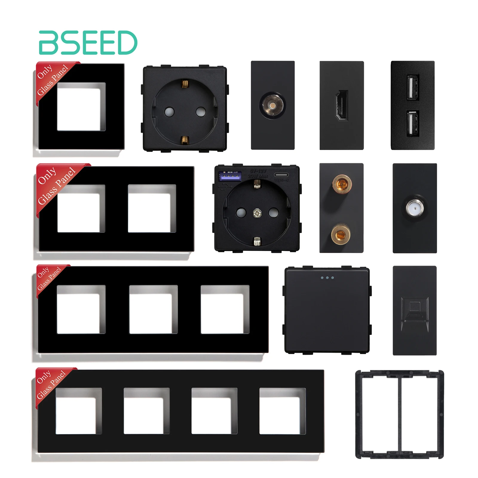 Bseed Eu Standard Glass Socket Frames Rj45 Pc Cat5 Tv /St Hdmi Socket Parts Presa A Muro Con Usb Type-C Interruttore A Pulsante Meccanico