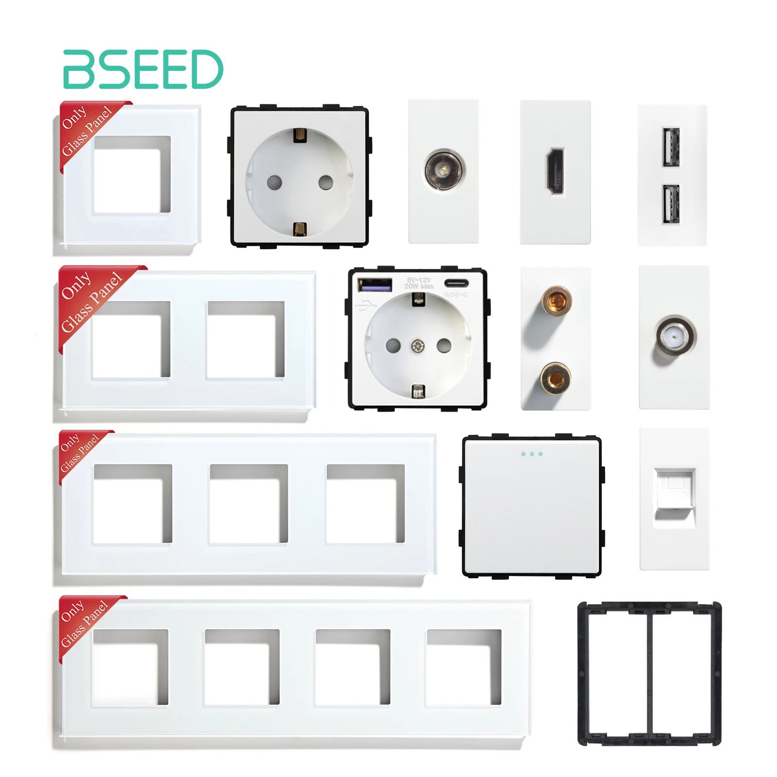 Bseed Glass Frames Tv/St/Usb Socket Type-C Eu Socket Cat5 Rj45 Hdmi Socket Funzione Parti Interruttori A Pulsante Meccanici A 1/2 Vie Parte