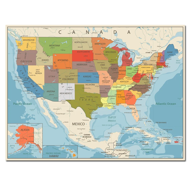 New Usa Stati Uniti Mappa Dimensioni Poster Decorazione Murale Grande Mappa Degli Stati Uniti 80X60Cm Versione Inglese