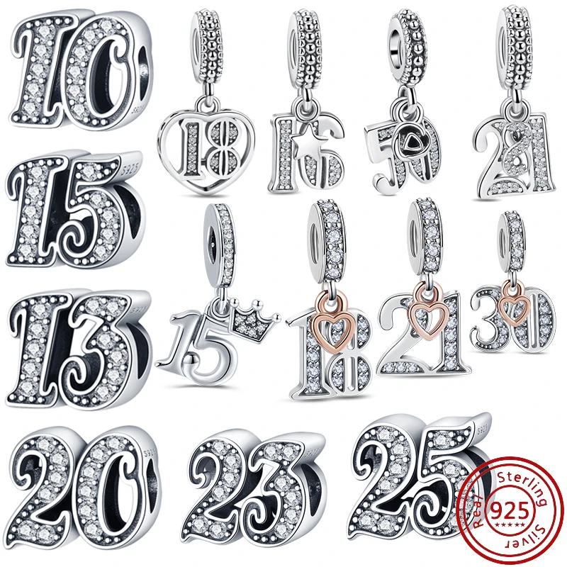 925 Argento Numero Fortunato 15 16 18 21 50St Celebrazione Ciondolo Cuore Perline Lucide Fit Originale Pandora Charms Bracciale Gioielleria Raffinata