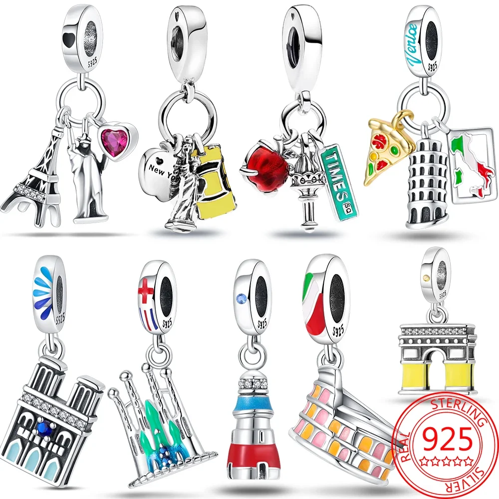 Autentico 925 Sterling Silver Car Travel New York Statue Of Liberty Charm Beaded Fit Bracciale Pandora Creazione Di Gioielli Fai Da Te