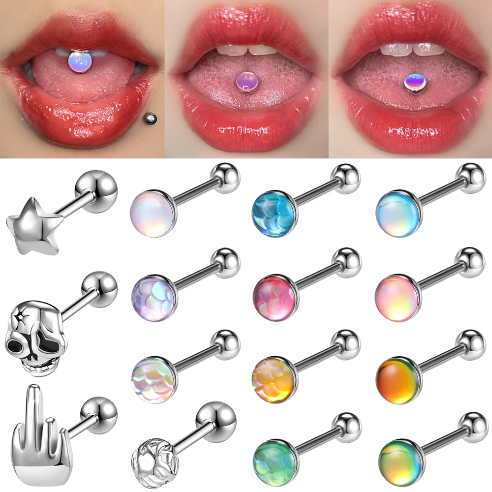 Zs 1 Pezzo 14G Olio Luminescenza Lingua Piercing Anelli In Acciaio Inox Lingua Stud Teschio Stella Borchie Orecchini Bcr Piercing Gioielli