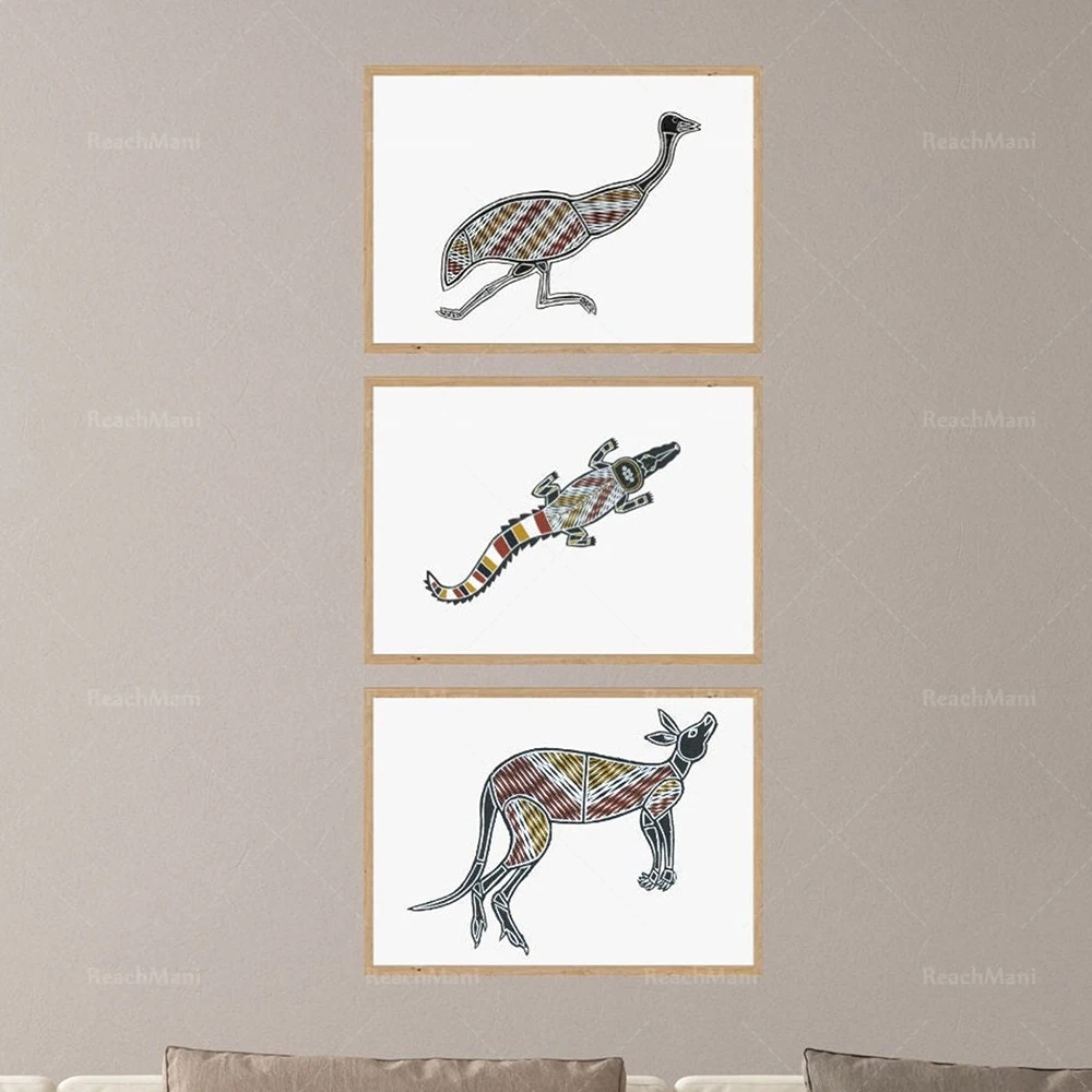 Aboriginal Animal Painting Poster - Australian Aboriginal Tribe Wall Art Fantasy Animal Prints-Canguro, Emu, Coccodrillo