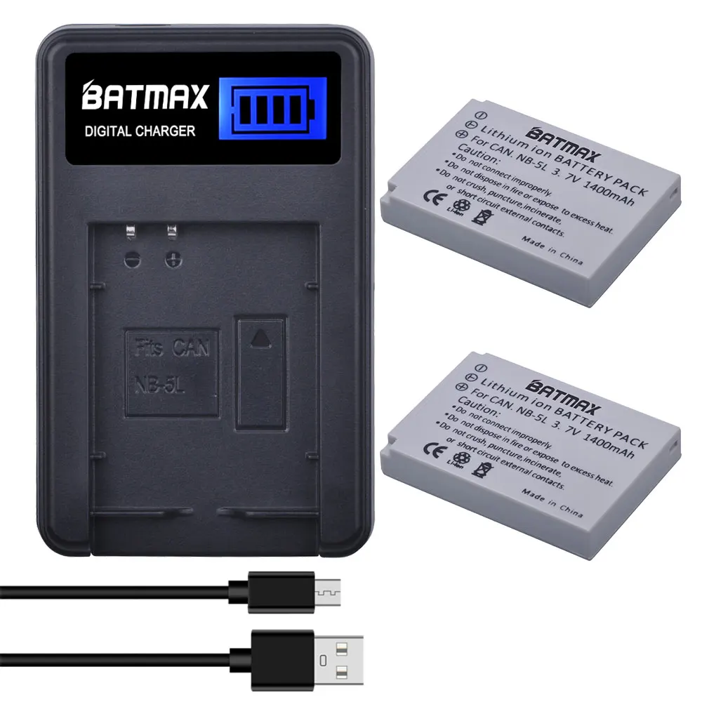 Batteria Batmax Nb-5L Nb5L 1400Mah + Caricabatterie Usb Lcd Per Canon Powershot S100,S110,Sd700,Sd800,Sd850,Sd900 Is,Sd950 Is,Sd970 Is