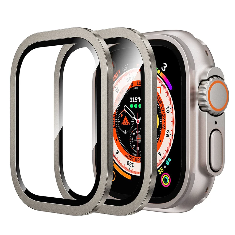 2Pcs For Apple Watch Ultra 49Mm Stainless Steel Case Tempered Glass Screen Protector Titanium Alloy Frame For Iwatch Ultra Cover