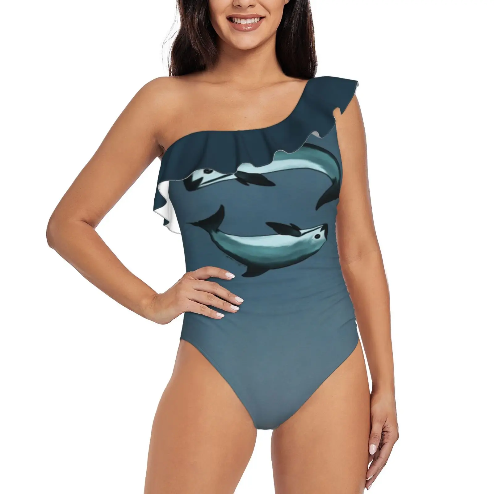 "Spiraling" Vaquita Poraria Dell'Artista Ambra Marina (Costume Da Bagno Intero Monospalla Con Volant Costume Da Bagno Sexy Monokini Nuova Ragazza