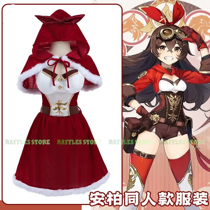 Genshin Amber Christmas Cosplay Costume Red Dress Wig Halloween Anime Cosplay Clothes Cute Hot Sexy Xmax Amber Doujin Suit