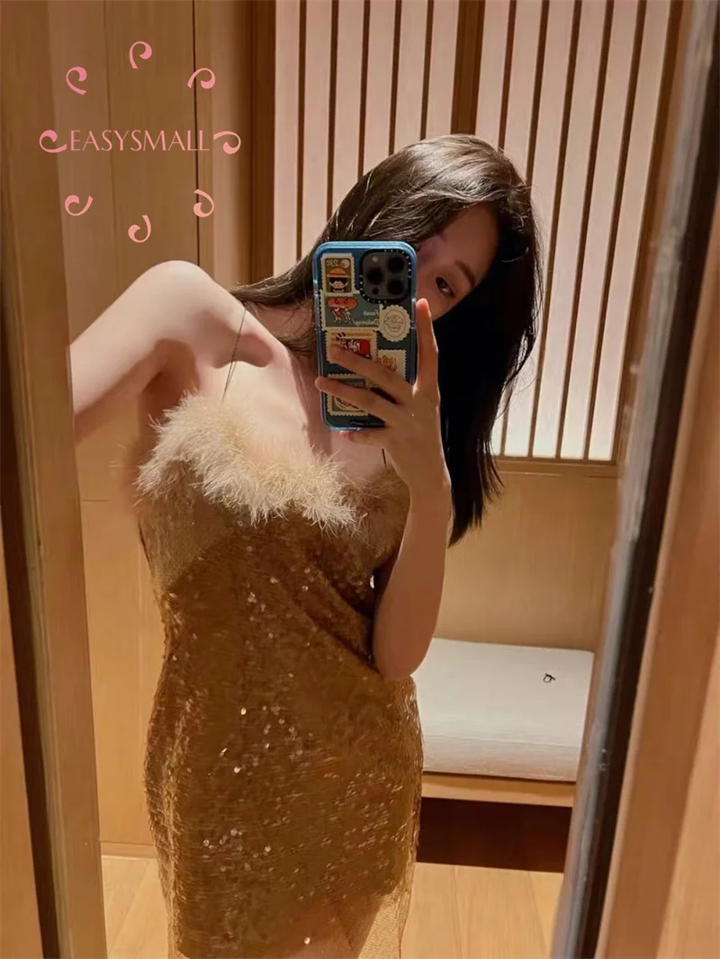 Easysmall Mermaid Ambra Trasparente Paillettes Capelli Di Struzzo Sexy Elegante Cinturino Sottile Vestito Vestido Fasciatura Sexy Club Party Backless