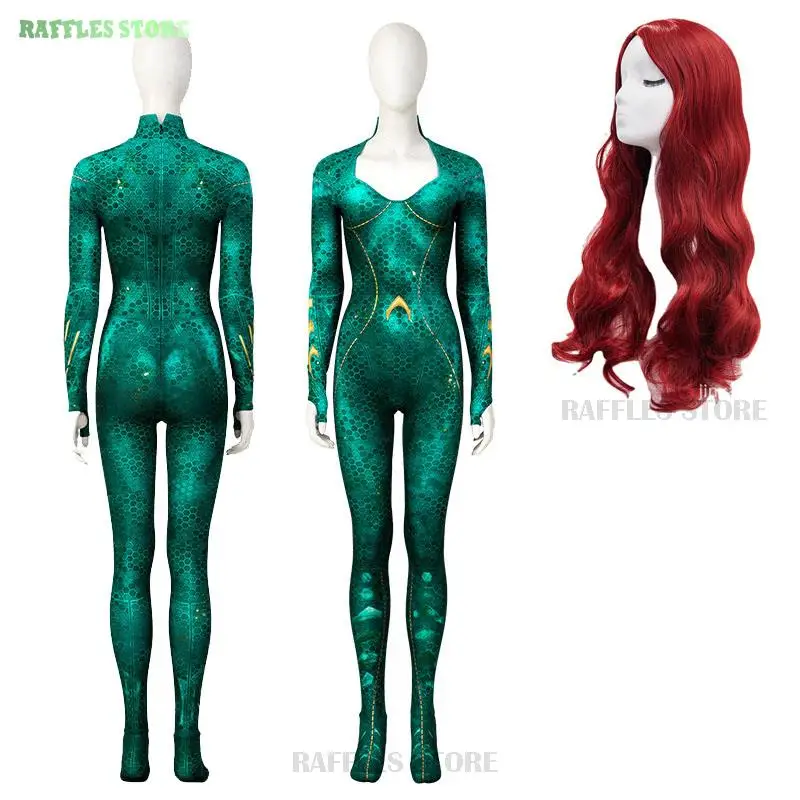 The Queen Mera Amber Cosplay Anime Sea Movie Comic Cosplay Aqua Tuta Parrucca Riccia Rossa Donna Sexy Cosplay Green Suit