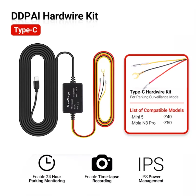 Per Ddpai Mini 5 12/24V Type-C Caricabatteria Da Auto Usb Kit Di Cavi Rigidi Da 4M Per Ddpai Mini 5/ Z40 / Z50 / Mola N3 Pro Dash Cam