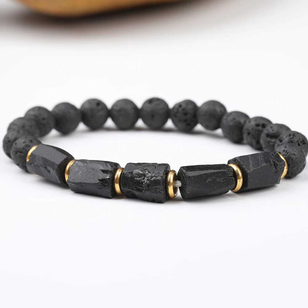 Pietra Tormalina Nera Naturale Chunky Beads 8Mm Perle Di Lava Nera Braccialetto Elastico String Jewelry N0381Jbg.E