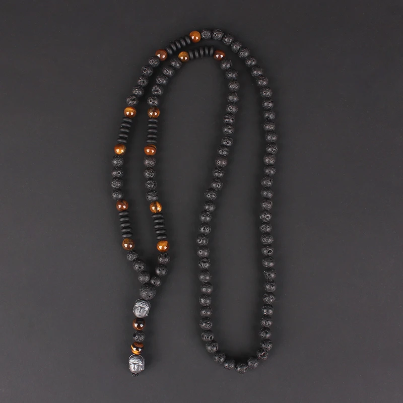 New Vintage Natural Tiger-Eye Stone Black Lava Beads Buddha Head Pendant Necklace For Men Hnadmade Jewelry N012