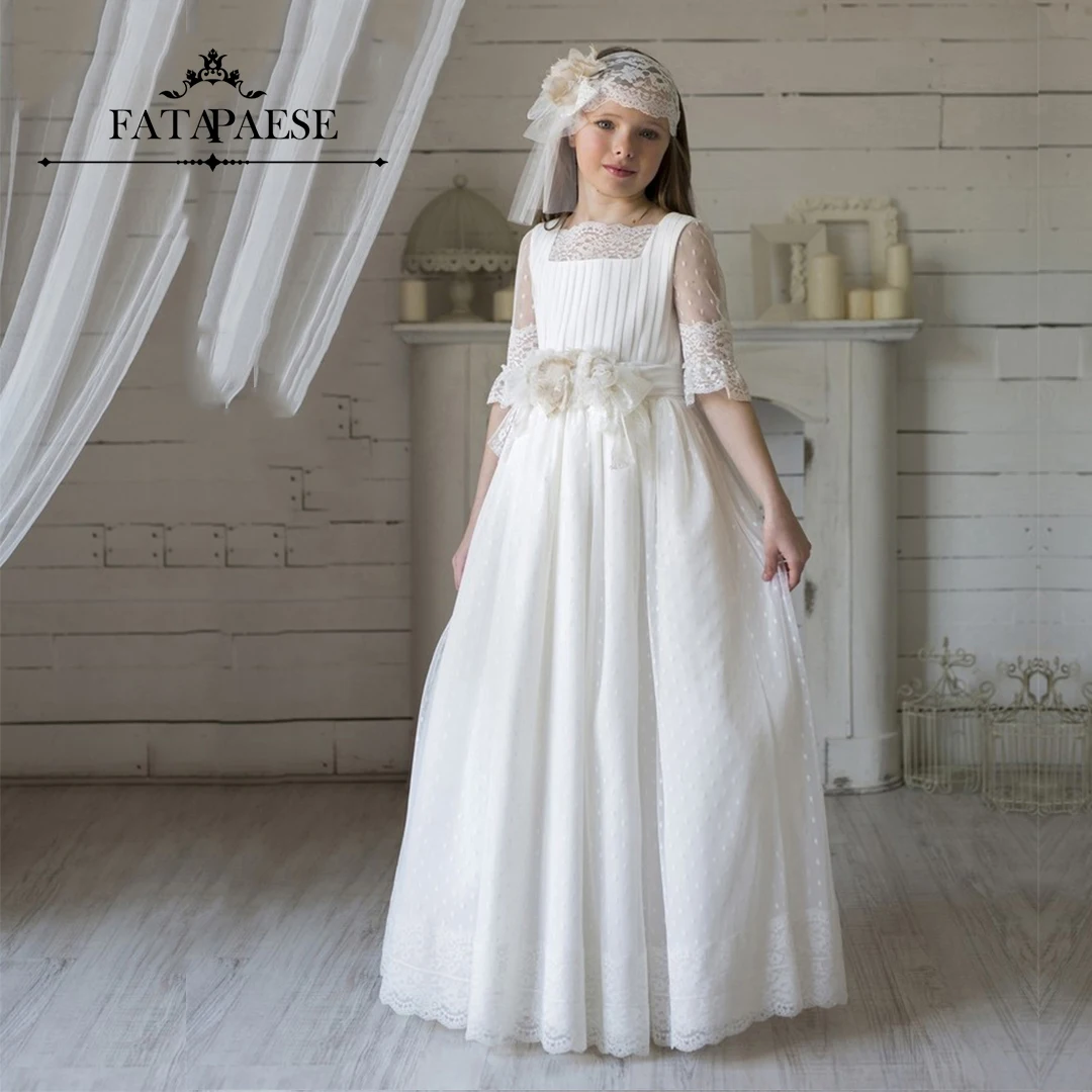 Fatapaese Fata Flower Girl Dress For Kid Vintage Princess Lace Floral Ribbon Belt Bridemini Damigella D'Onore Wedding Party Abito In Tulle