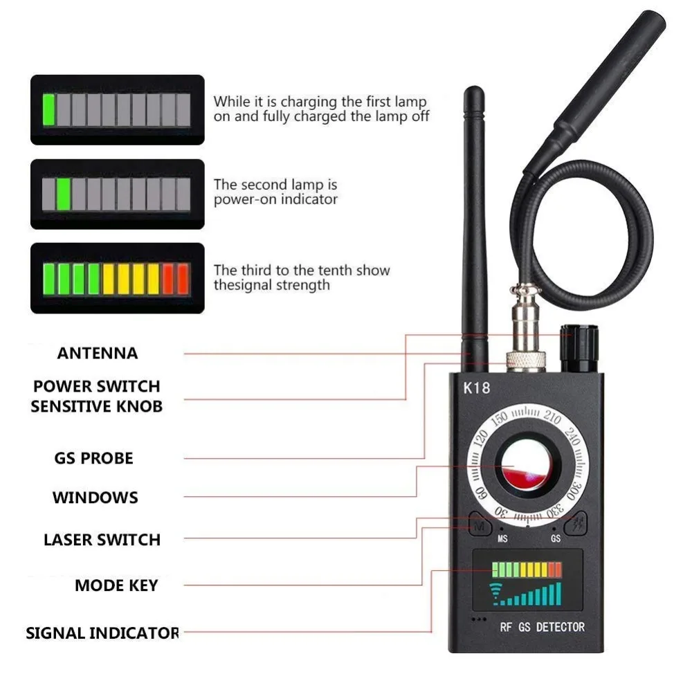 G618W K18 Anti Spy Hided Candid Camera Scanner Wireless Rf Signal Detector Gsm Audio Finder Gps Tracker Lens Bug Device Detect