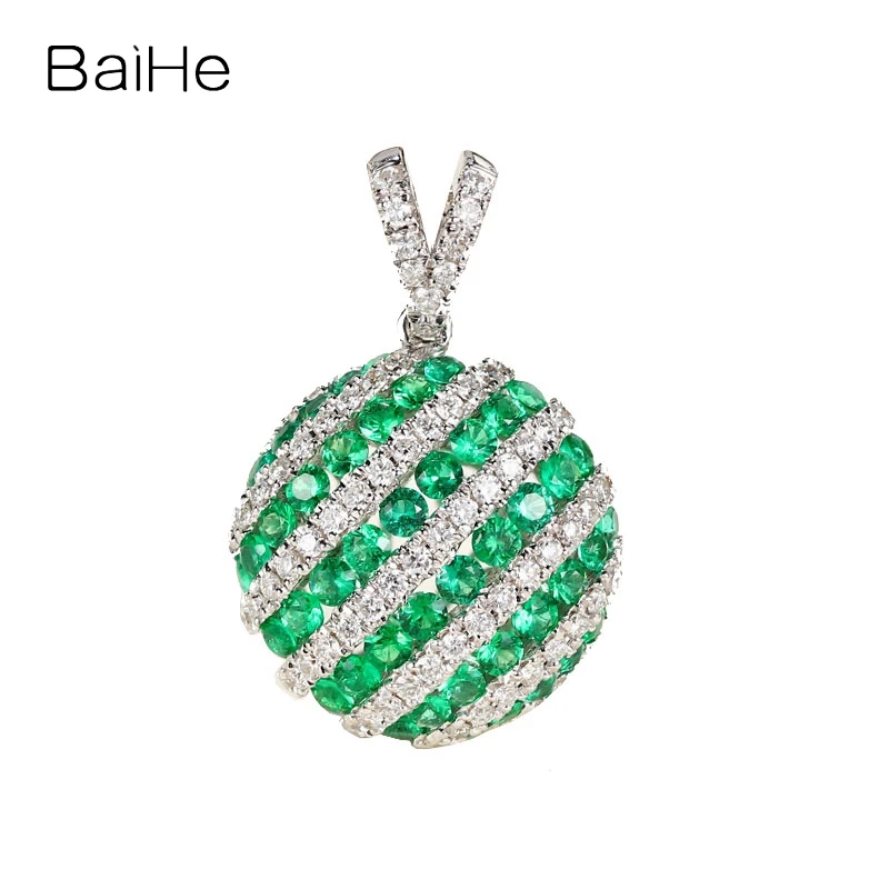 Baihe Real Solid 14K White Gold H/Si Natural Emerald Diamond Pendant Women Trendy Fine Jewelry Making Colgante Esmeralda Mujer