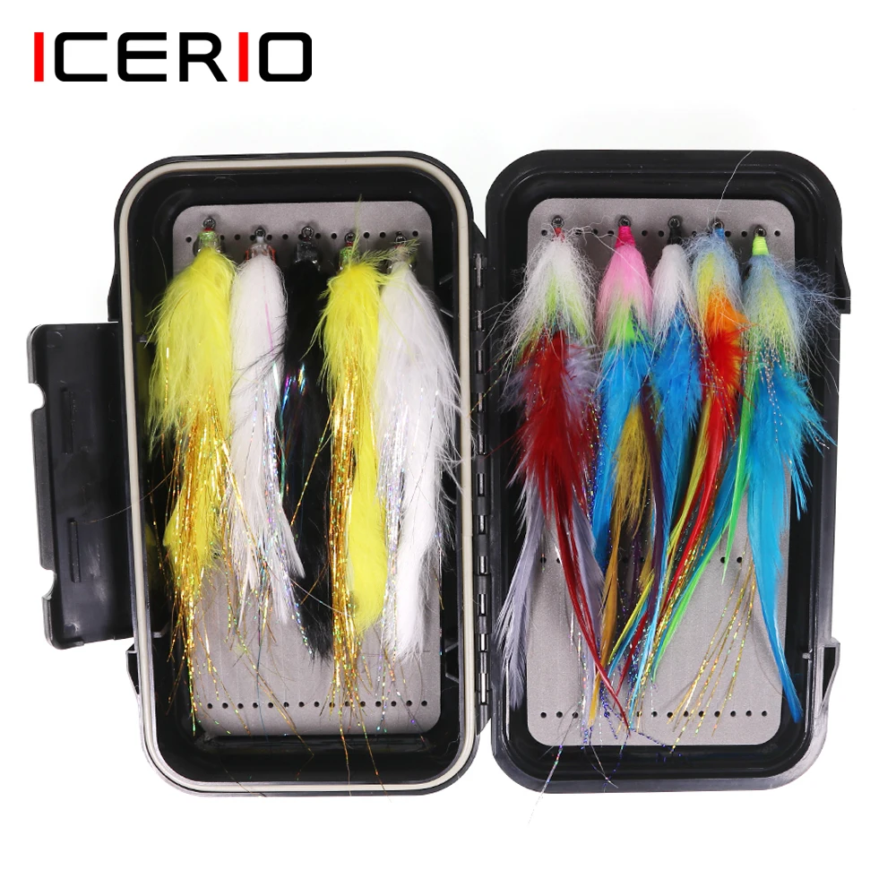 Icians 10Pcs Streamer Di Acqua Salata Fly Set Box 3 Style Fish Streamer Fly Bass Pike Muskie Richiamo Di Pesca Con Scatola Da Mosca Impermeabile