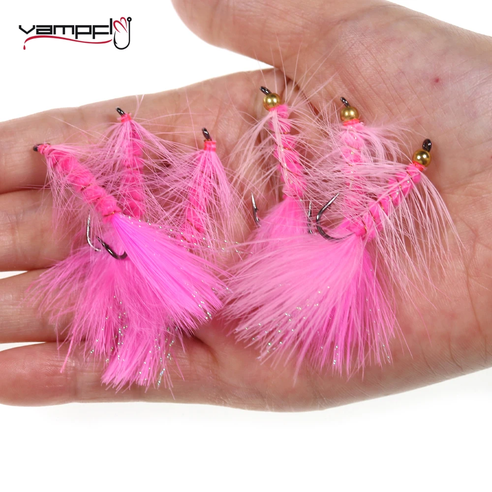 Vampfly 6Pcs Beadhead E Senza Beadhead Crystal Flash Lanoso Bugger Streamer Fly Baits Pike Bass Trout Fly Fishing Lure