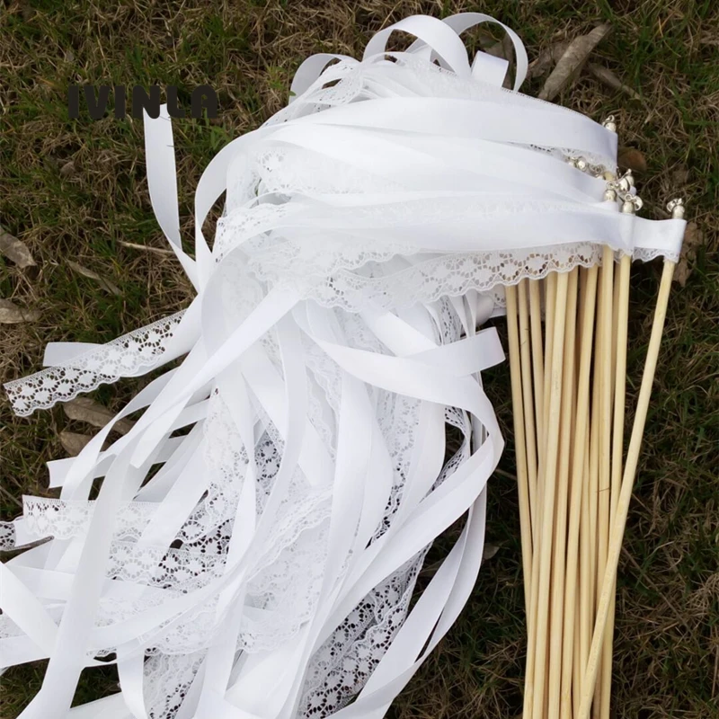 (10/20/50 Pezzi/Lottp) Style A White Ribbon Wedding Bacchette Con Campana D'Argento Wedding Ribbon Stick, Ribbon Twirling Streamer