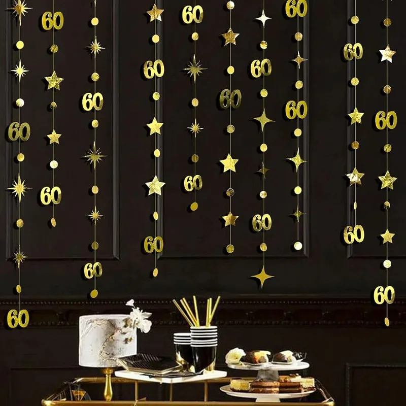 Oro 60Th Birthday Banner Decorazioni Numero 60 Circle Dot Star Paper Garland Hanging Streamer 60Th Anniversary Party Supplies