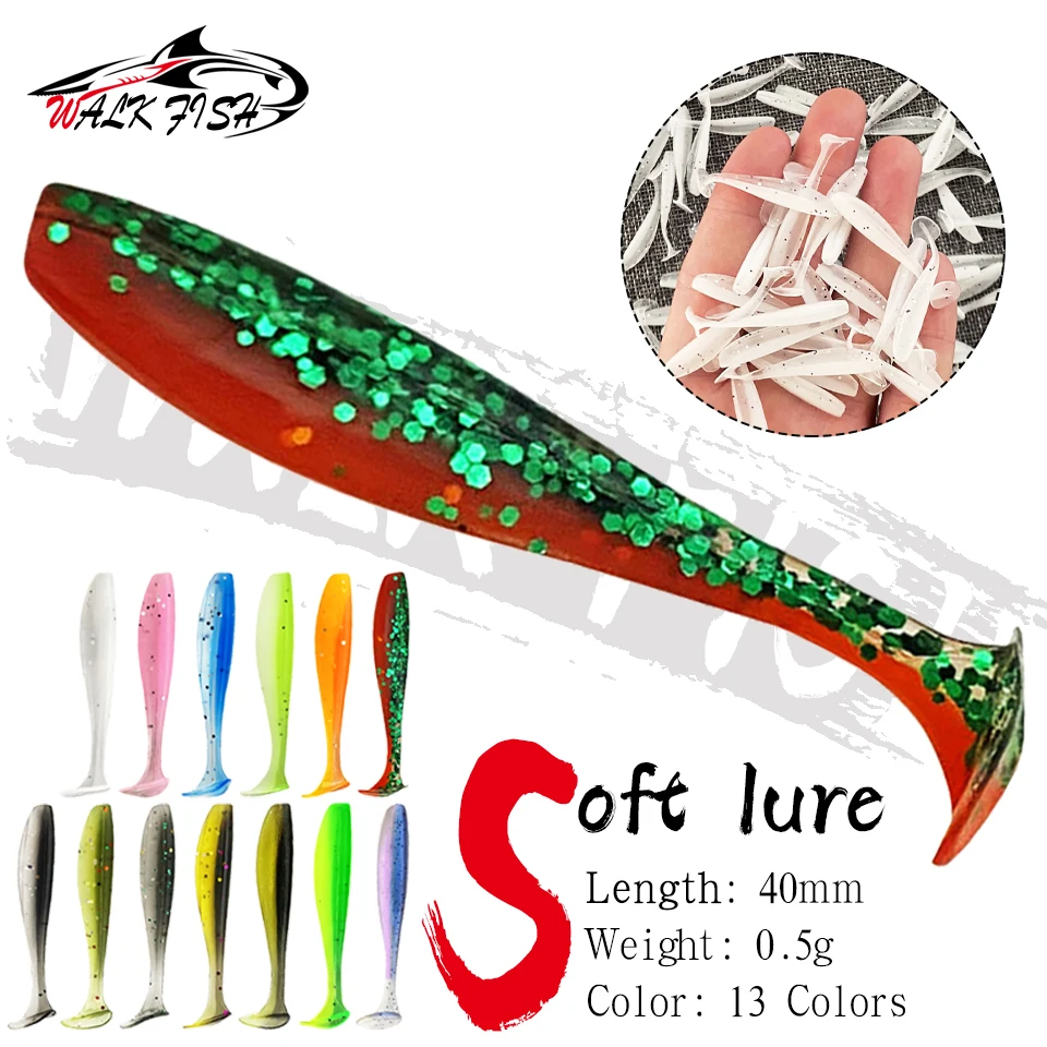 Walk Fish 20Pcs 40Mm 0.5G Soft Lure Silicone Bait T Tail Shad Wobbler Fishing Lure Sea Worm Swimbait Streamer Silicone Lure