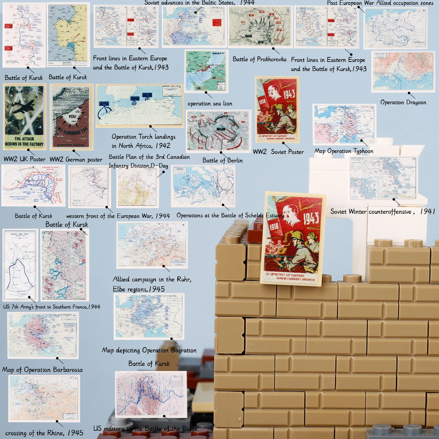 Ww2 Military Campaign Map Building Blocks Dunkerque Normandy African Poster Western Front Printed Tiles Berlino Battle Bricks Toys
