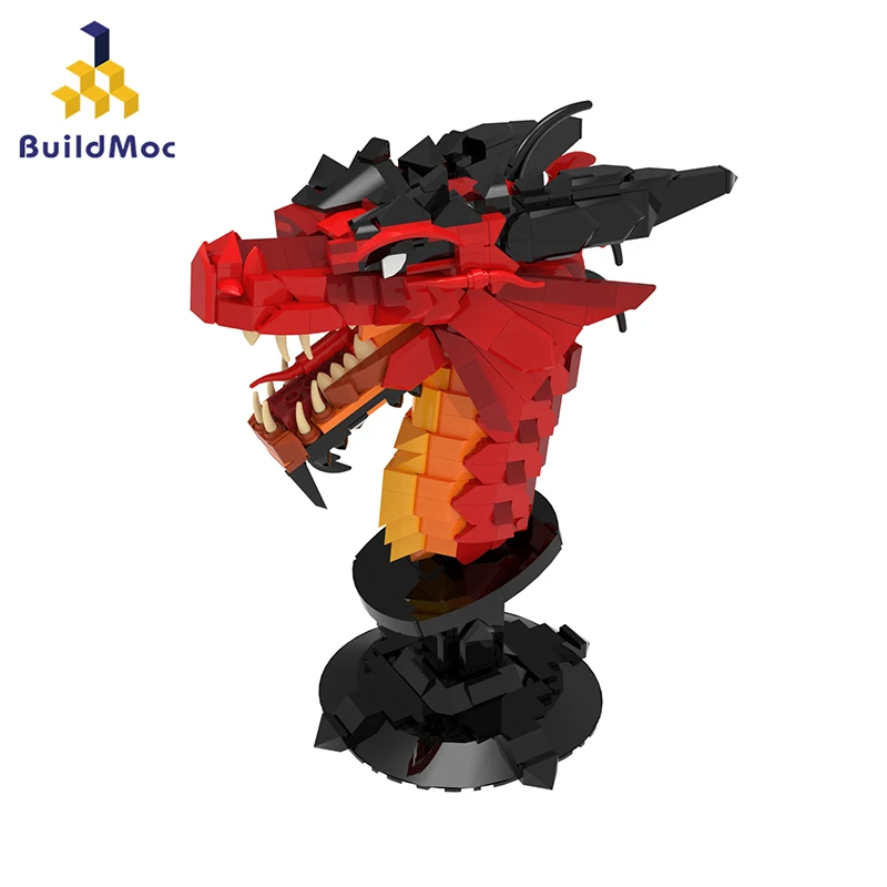 Moc Western Colorful Red Flame Dragon Head Building Blocks Set Simbolo Di Potenza Dragon Display Modello Giocattoli Per Bambini Regalo Di Compleanno