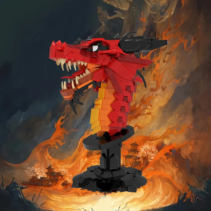 Moc Power Symbol Flame Red Dragon Head Building Blocks Set Western Colorful Dragon Display Model Toys For Children Birthday Gift