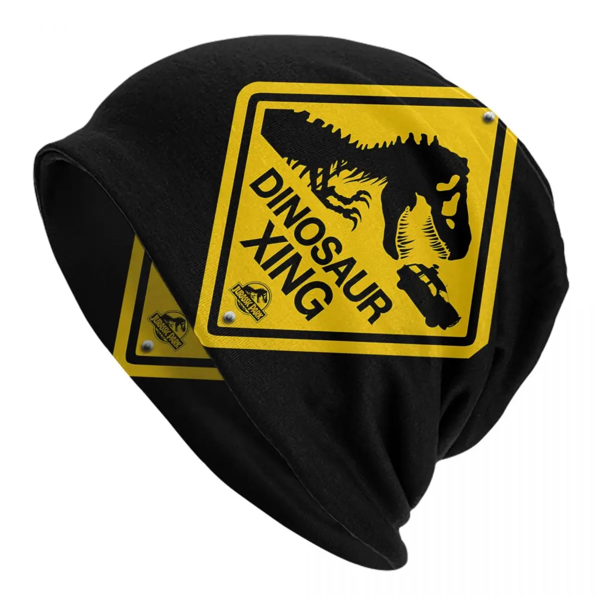 Jurassic Park Film Skullies Berretti Autunno Primavera Cappelli Dinosauro Crossing Road Sign Cofano Sottile Berretti Speciali Uomo Donna Paraorecchie