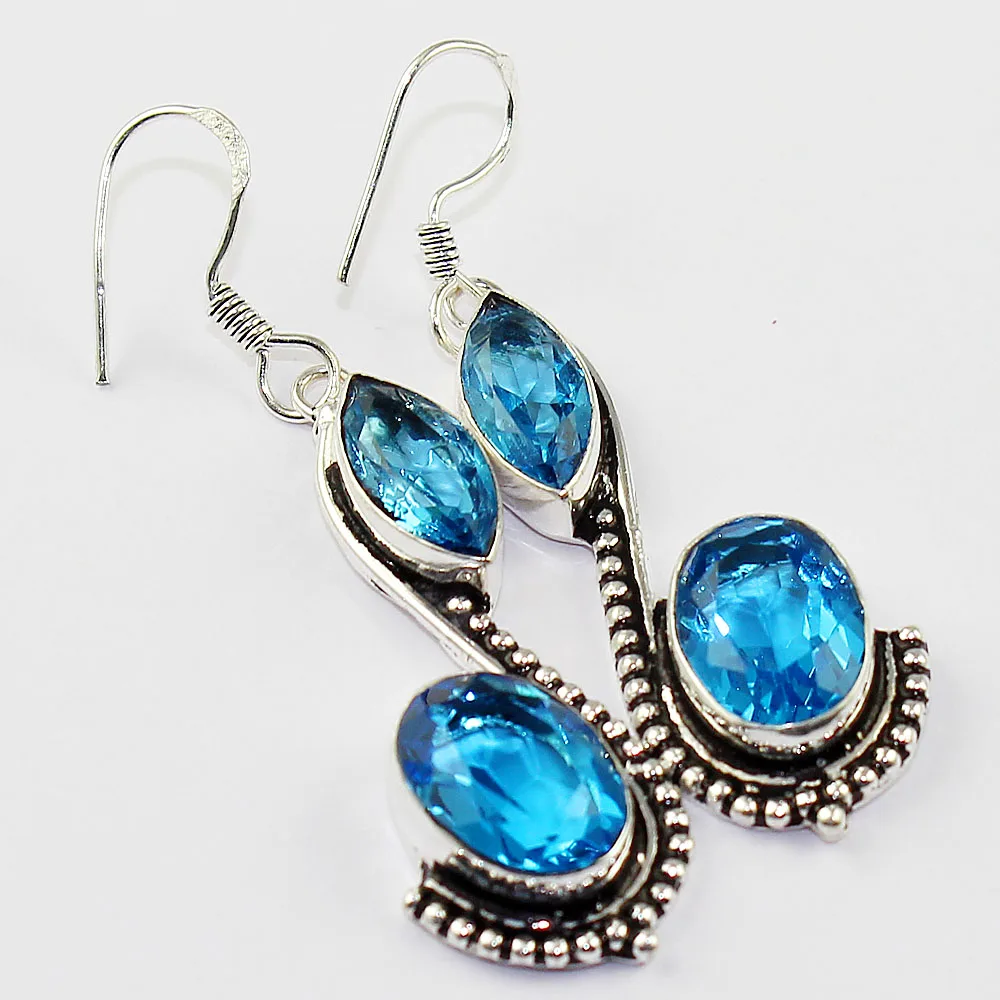 Orecchini Topas Blu Argento Sovrapposti Su Rame, 60Mm, E1243