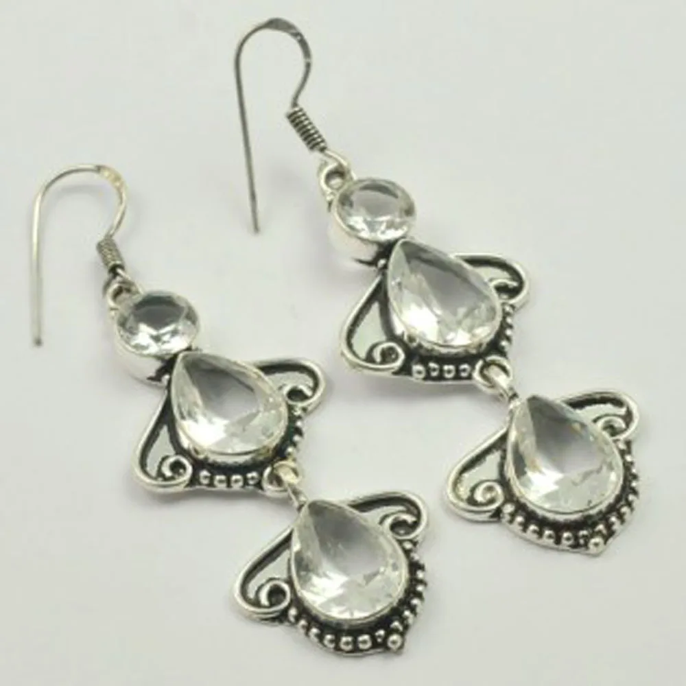 White Topas  Earrings  Silvers  Overlay Over Copper,  Usa Size  70 Mm , E3668