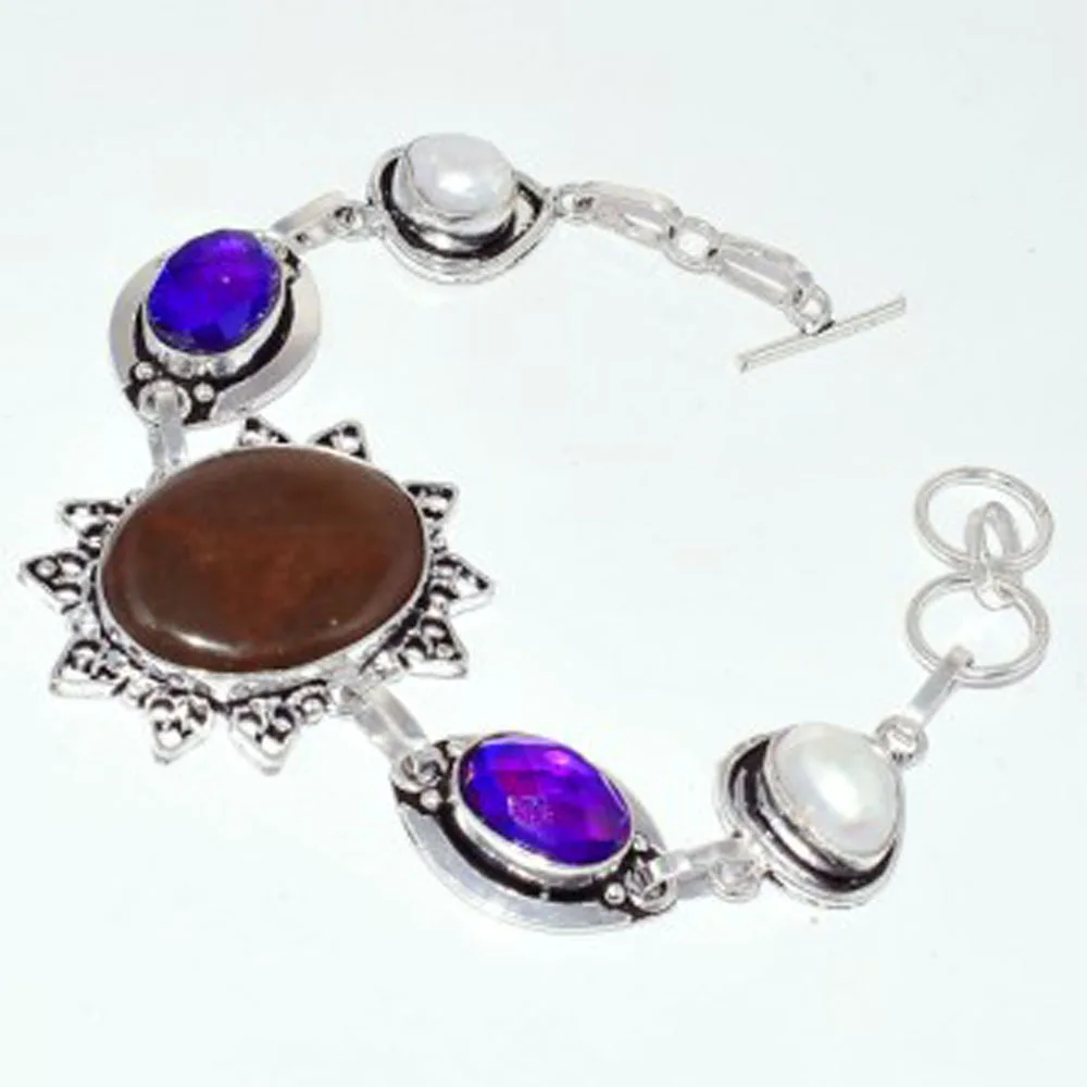 Topas & Jaspers & Perle Bracciale Argento Sovrapposto Su Rame, 21Cm , B3152