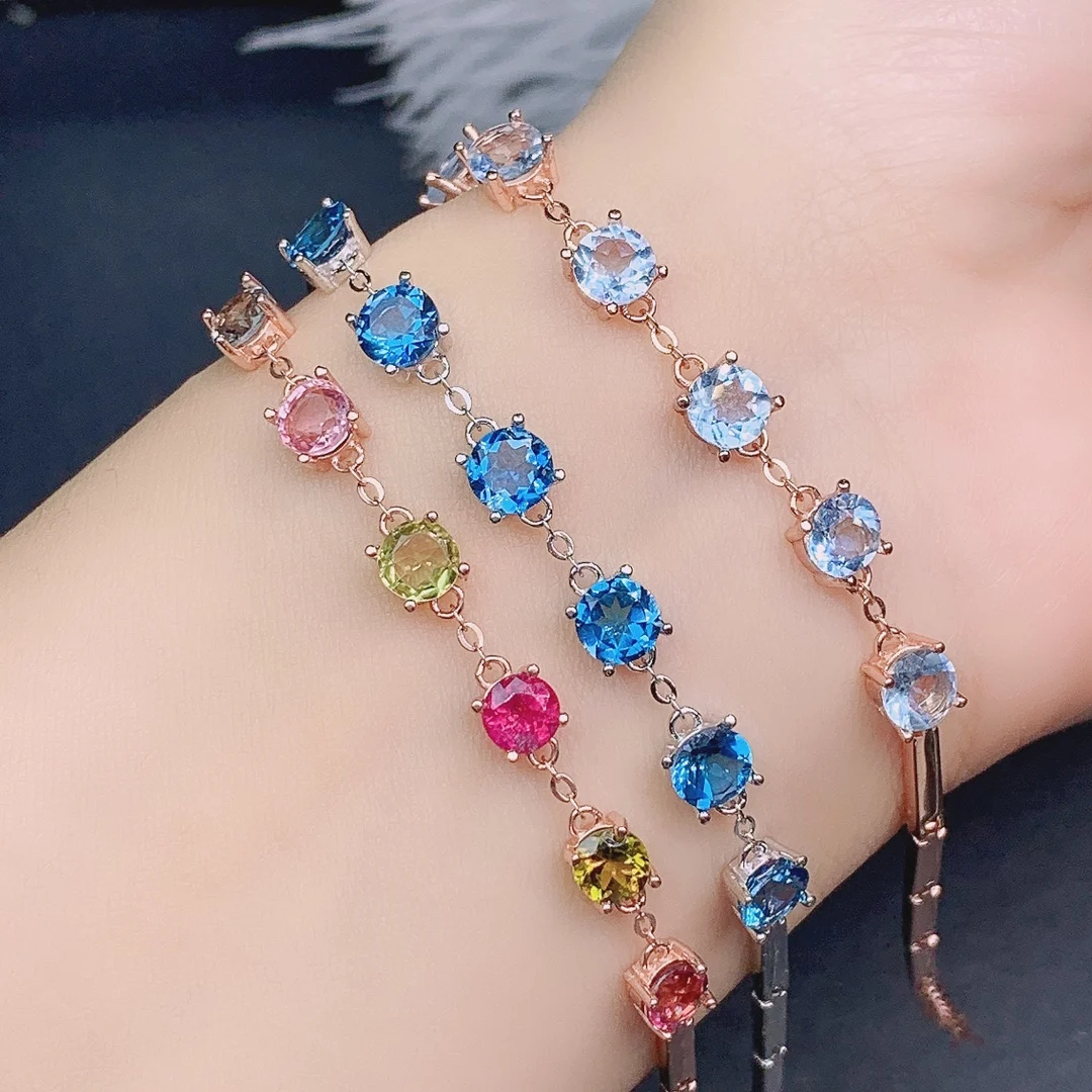 925 Sterling Silver Pure Natural Topa Stone Tormalina Stone Aquamarine Bracciale Squisito Gioielli Squisiti Da Donna Di Lusso