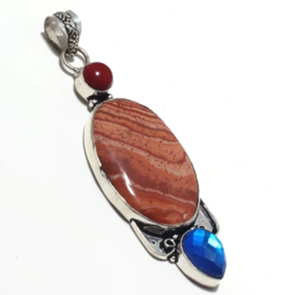 Picture Jaspers + Rainbow Topas + Coral Pendant Silvers Overlay Over Copper, 82Mm, P6875