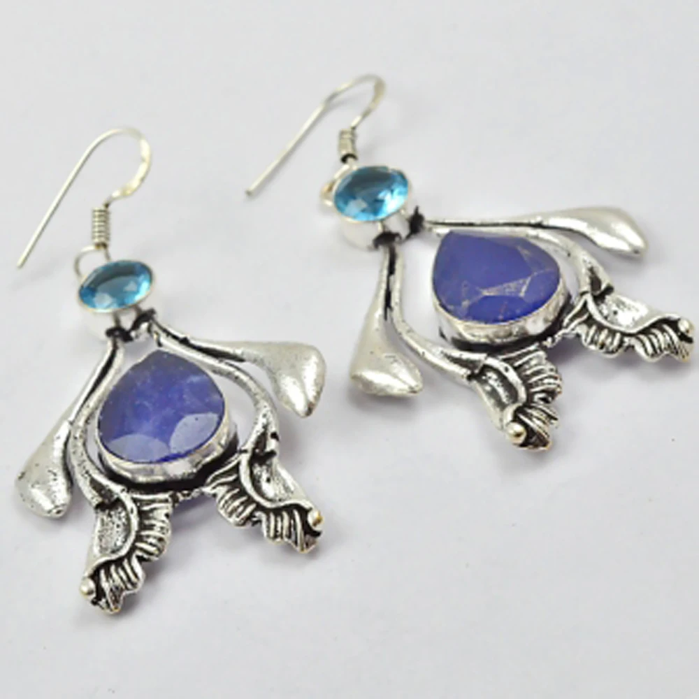 Sapphires & Blue Topas   Earrings  Silvers  Overlay Over Copper,  Total Length  60Mm , E2931