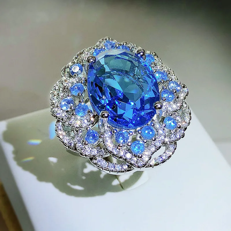 2023 Nuovo Prodotto Full Diamond Sea Blue Topa Aaa Grade Zircone Anello Aperto Per Feste Versatili Da Donna Che Indossano Gioielli