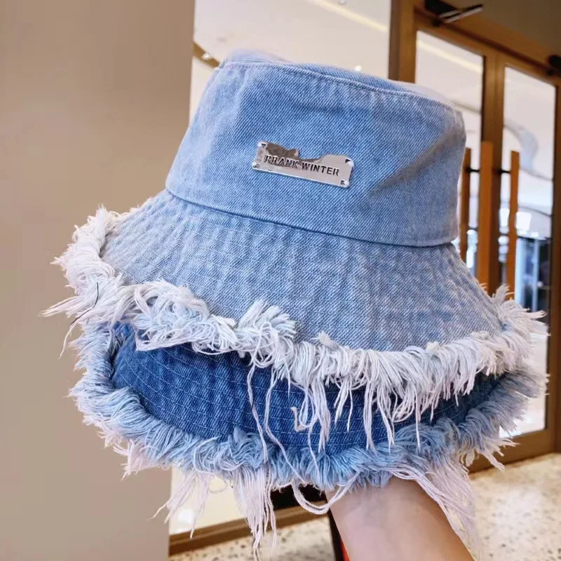 Moda Bordo Ruvido Strappato Denim Cappelli Da Pescatore Estate Donna Lavato Vecchio Cappello Da Pescatore Outdoor Ladies Big Eaves Parasole Cap