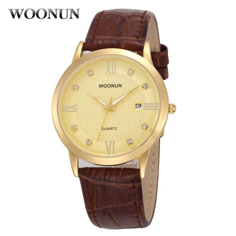 Woonun Top Brand Luxury Diamond Quartz Orologi Orologio In Oro Orologi Da Uomo Cinturino In Pelle Orologi Ultra Sottili Masculino Jam Tangan